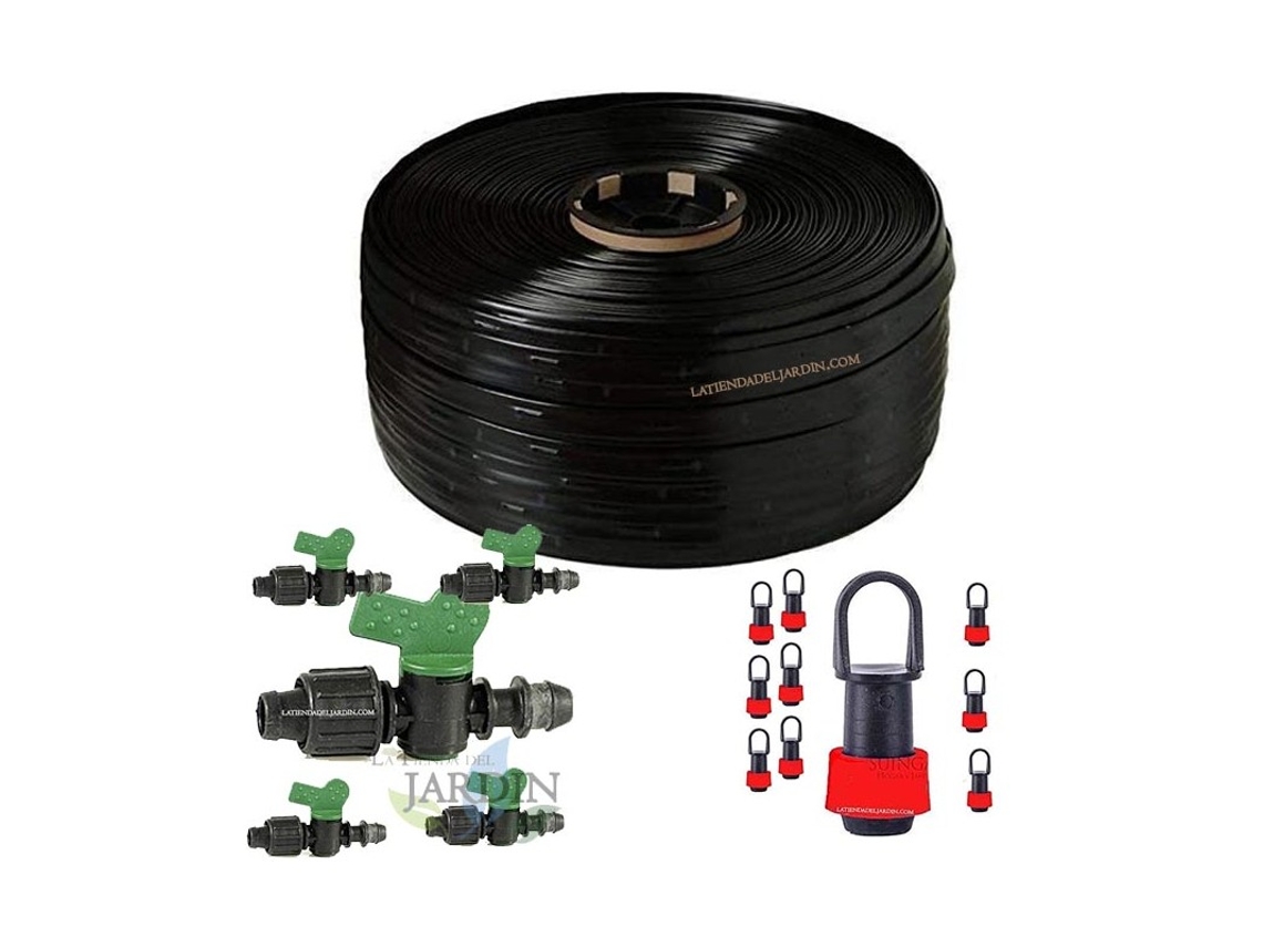 Pack 125 M Cinta De Riego Por Goteo 16Mm. Goteros Cada 20 Cm + 5 Llaves Conexión A Tubo Principal + 10 Tapones SUINGA