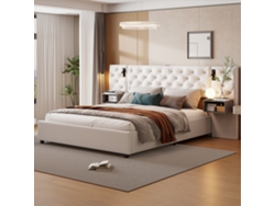 Cama Doble De 140 X 200 Cm, Tapizada, Con 2 Mesitas De Noche, Con Led Y Usb, Con Canapé Hidráulico, Terciopelo Beige.