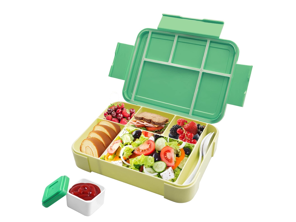 Lonchera infantil con 6 compartimentos y compartimento separado para salsas, sin BPA, diseño a prueba de fugas