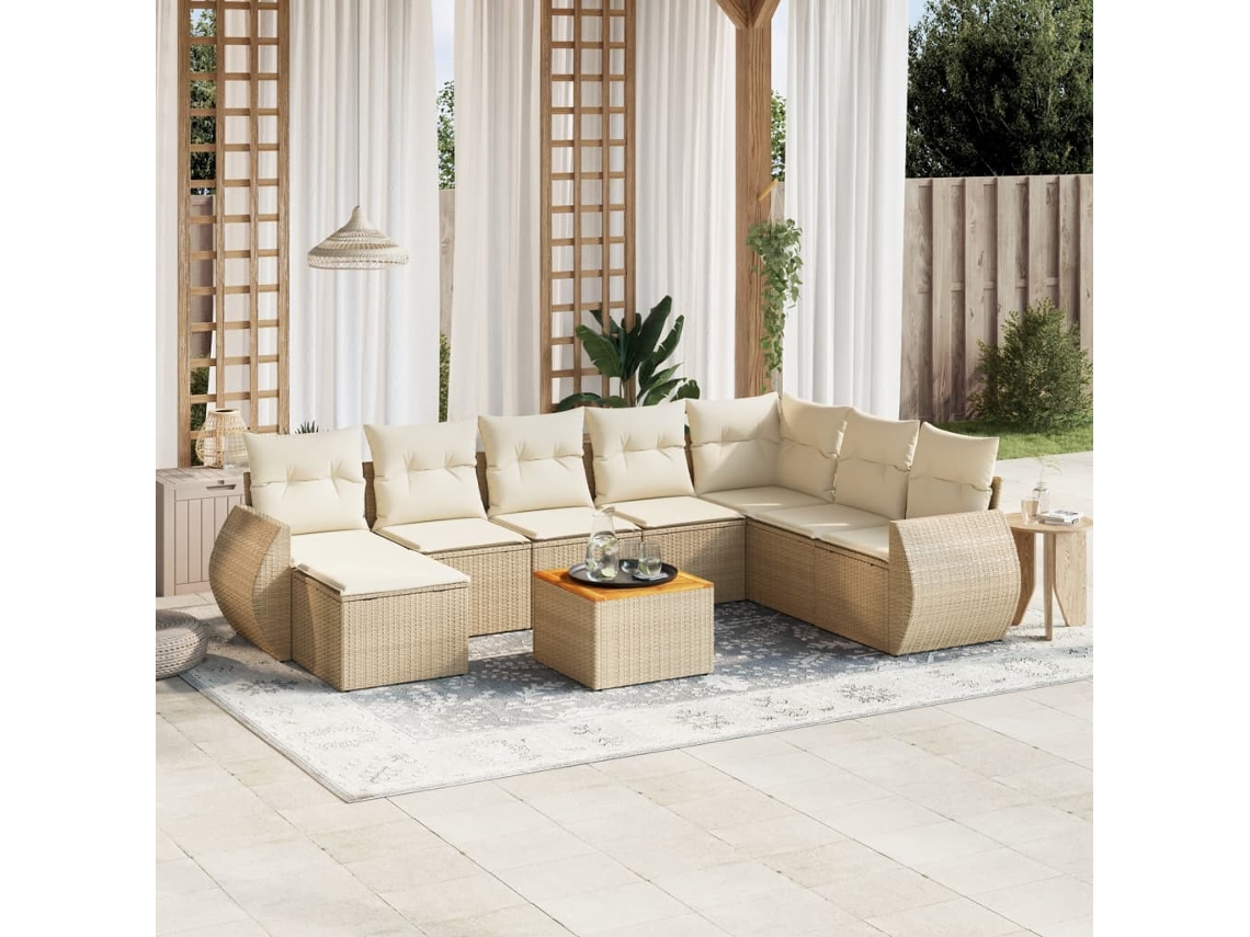 Conjunto de sofá de jardín de 9 piezas con cojines, mimbre sintético beige, Dkd Home Decor