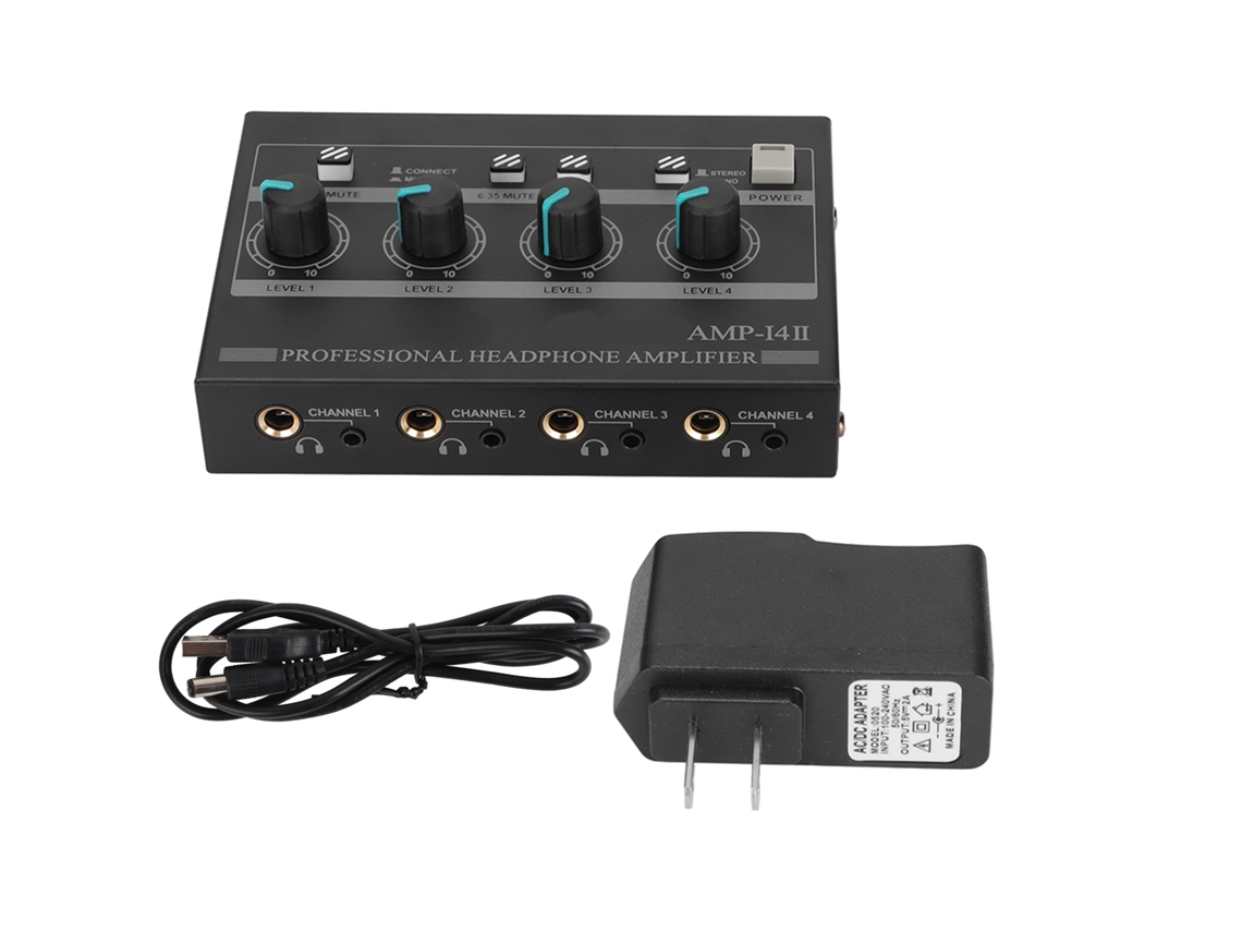 Amplificador De Auriculares Estéreo Compacto De 4 Canales Amp-14ii Con Adaptador De 12 V 2 A Para Estudio Y Escenario.