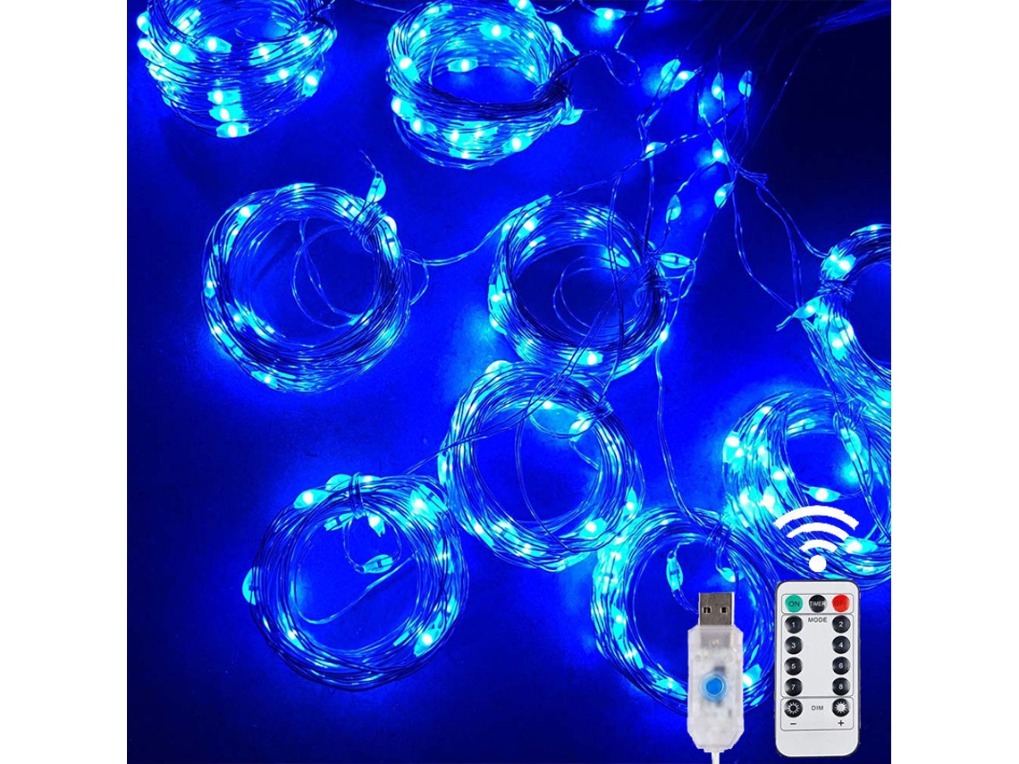 Guirnalda de luces LED con control remoto USB, 8 modos. MDUG (azul, 3 m x 1 m, 100 LED).