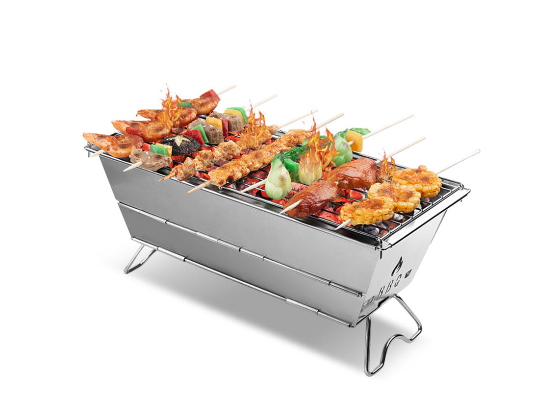 Parrilla portátil para acampar, plegable y sin herramientas, estufa de carbón plegable de acero inoxidable para mochileros con cinco hornillas.
