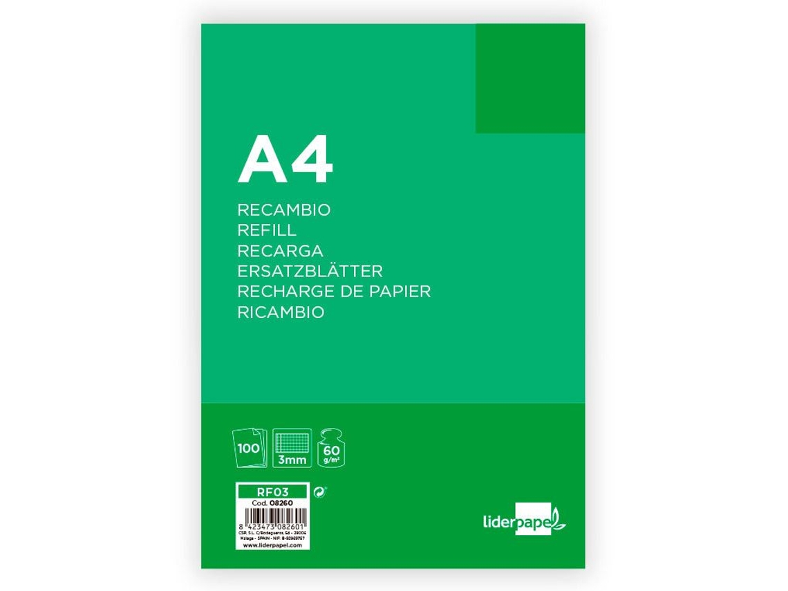 Recarga de Hojas LIDERPAPEL 100 Hojas 60g/m² 4 furos 3mm (A4)