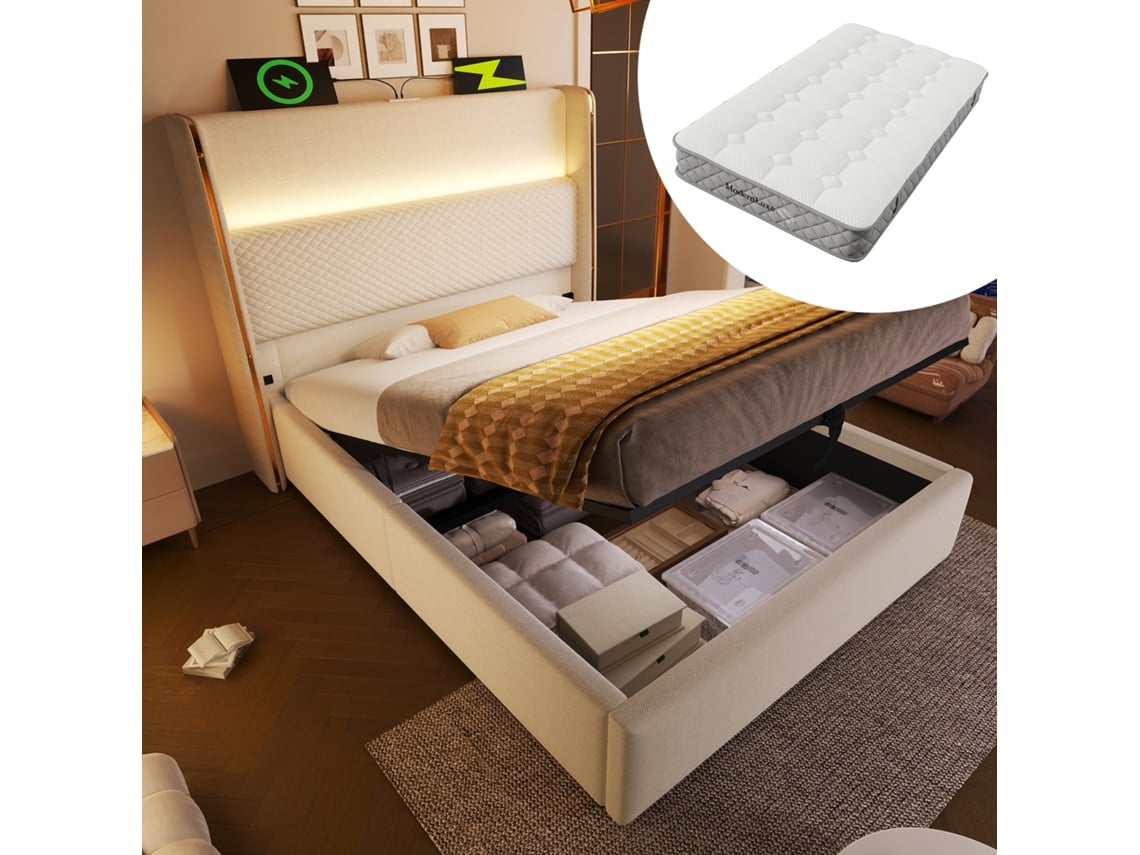 Cama Hidráulica De 90x200 Cm Con Led, Usb C, Cabecero Alto Y Espacio De Almacenamiento, Color Beige.