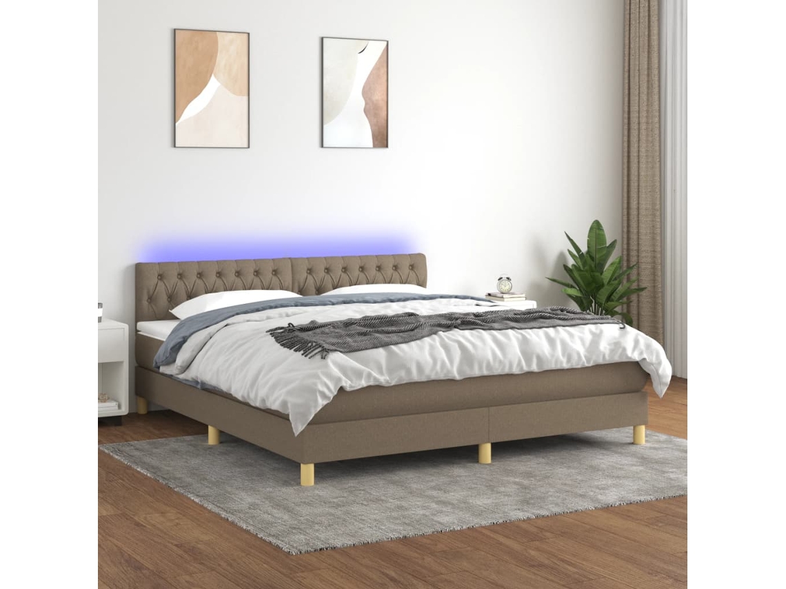 Cama Box Spring Con Colchón Led Tela Gris Taupe 180x200 Cm