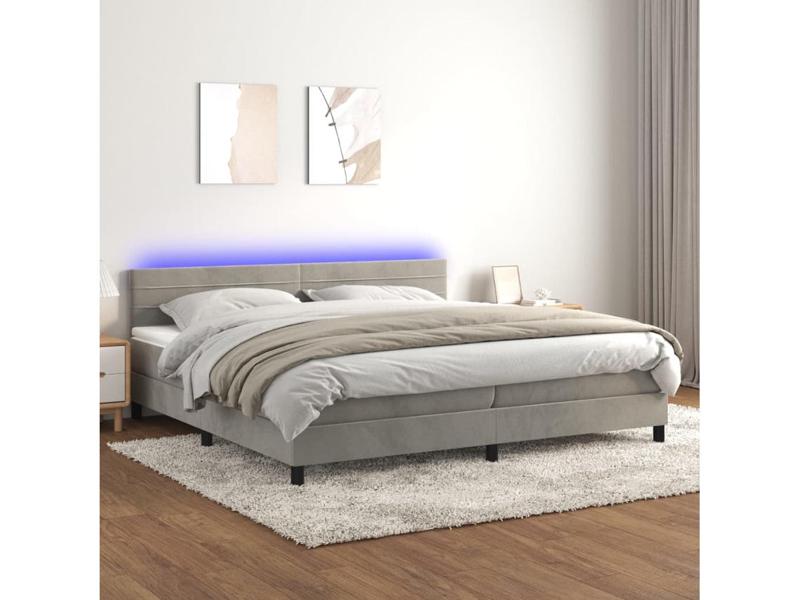 Cama box spring colchón y LED terciopelo gris claro 200x200 cm