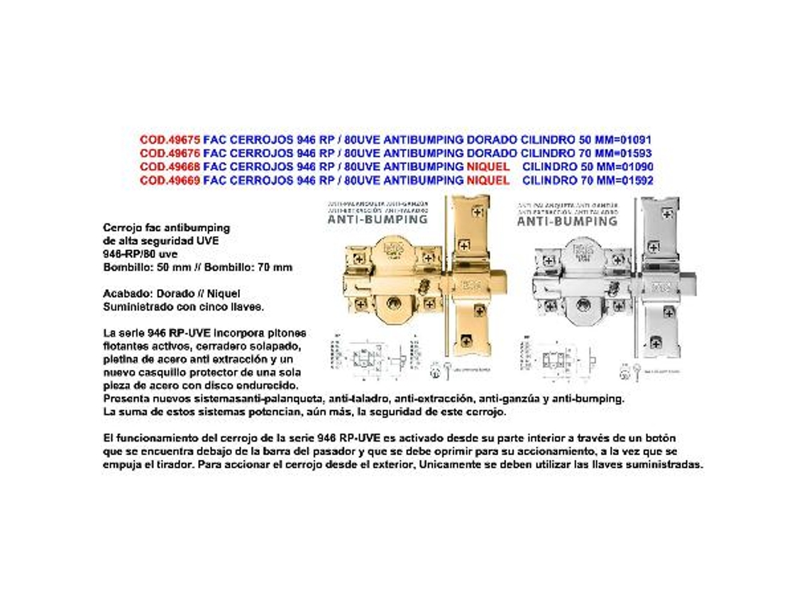 Fac cerrojos 946 rp - 80uve antibumping dorado cilind.70mm 01593