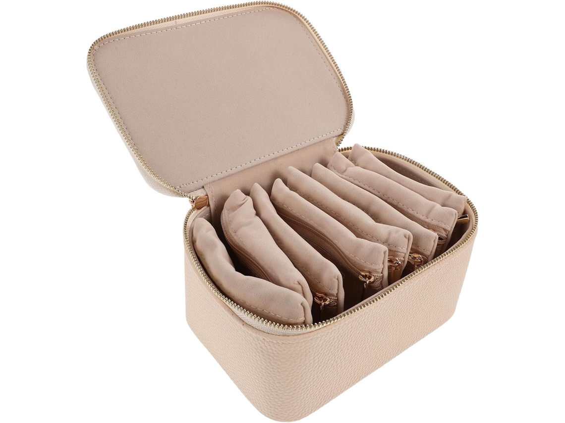 Estuche De Viaje Largo De Tela Color Marfil De 8 Piezas Con Compartimentos Para Pendientes.
