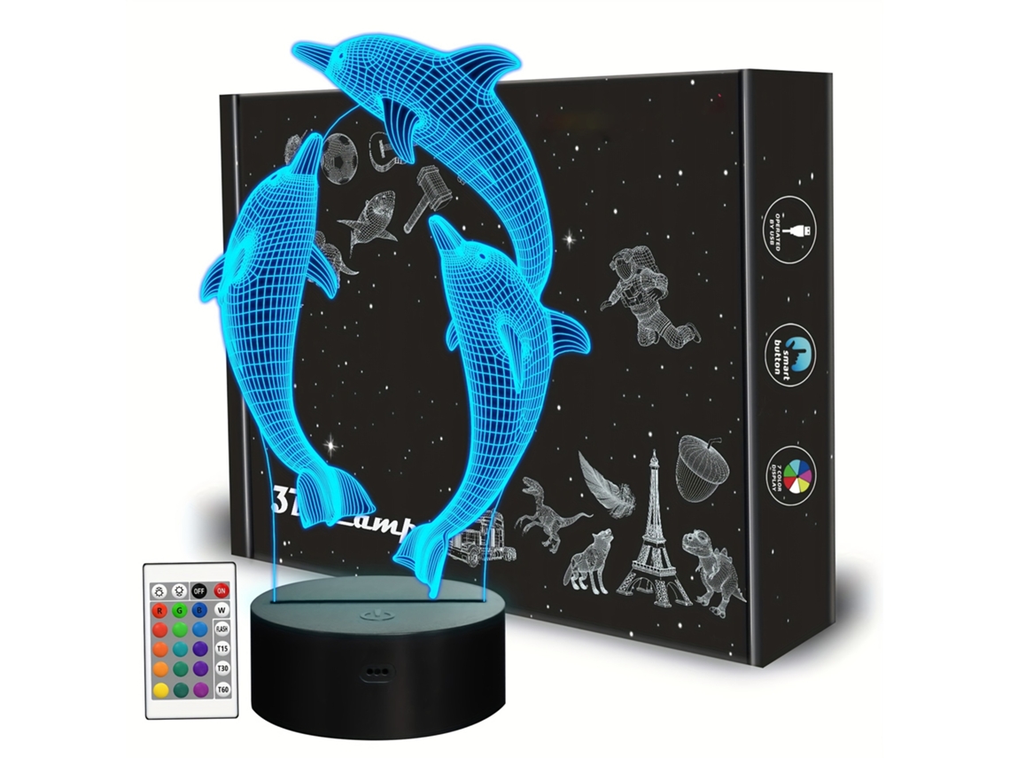 Luz nocturna infantil, tira de luz visual 3D con control remoto, 16 cambios de color, Dolphin SIURN