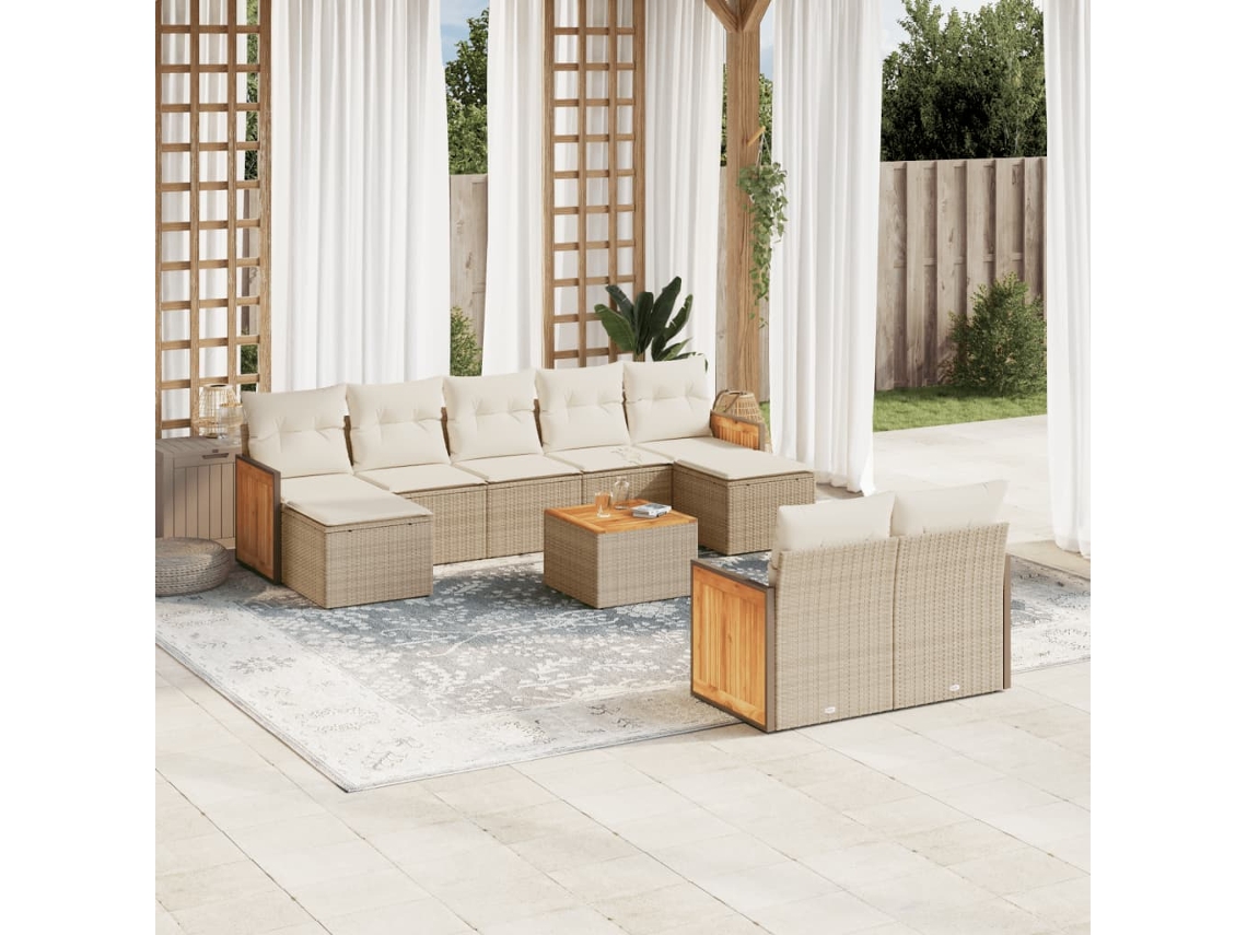 Conjunto de sofá de jardín de 10 piezas con cojines, mimbre sintético beige, Dkd Home Decor