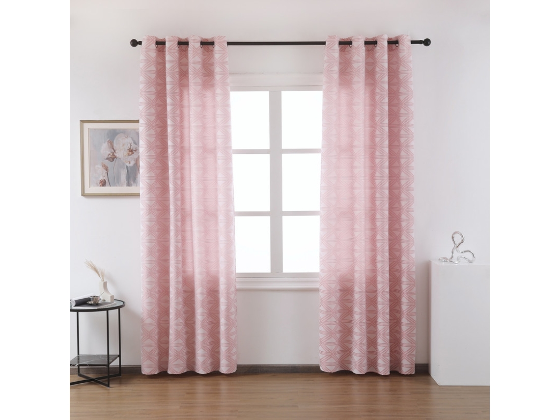 Cortina de tela de cuerpo entero con estampado de líneas cruzadas rosa 140 x 260 cm - Individual
