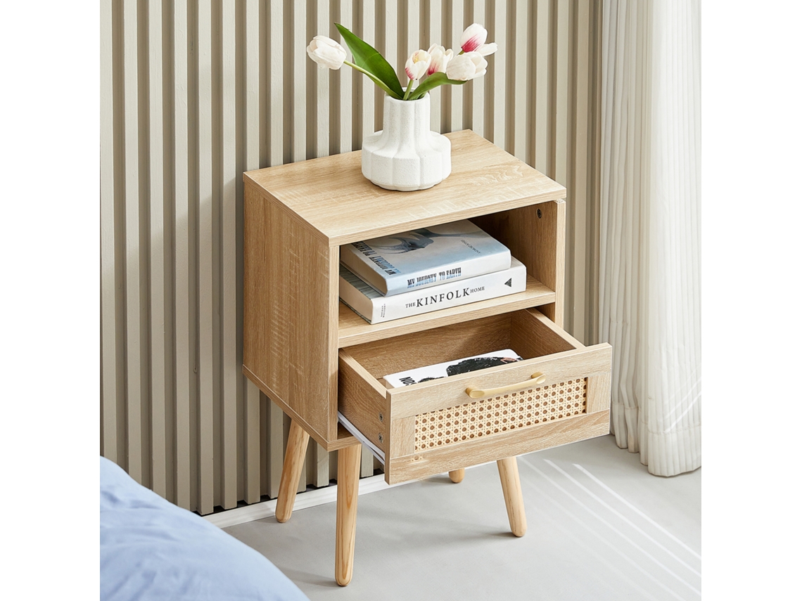 Mesa Auxiliar De Ratán Con Cajón Y Patas De Madera Maciza, Mesita De Noche Moderna, Mesa Auxiliar Para Salón, Dormitorio.