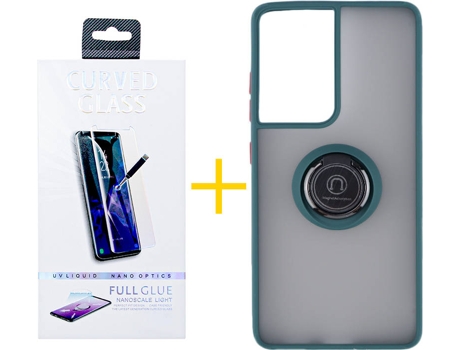 Carcasa y Protector de Pantalla de Vidrio Samsung S21 Ultra ACCETEL Gel Bumper Ring Verde