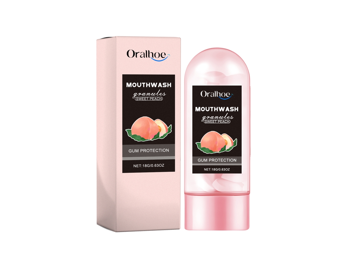 Gránulos de enjuague bucal Oralhoe con sabor a durazno para una limpieza dental refrescante.