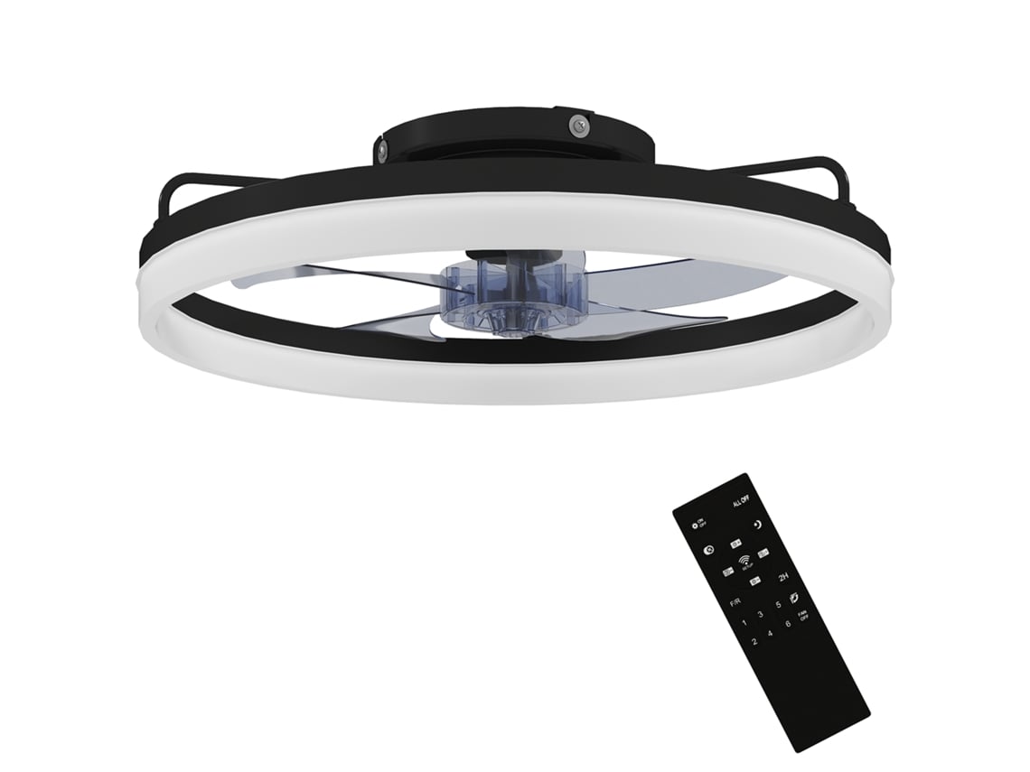 Ventilador de techo con LED, motor de CC, 40 W, reversible, control remoto, 6 velocidades, temporizador, negro.