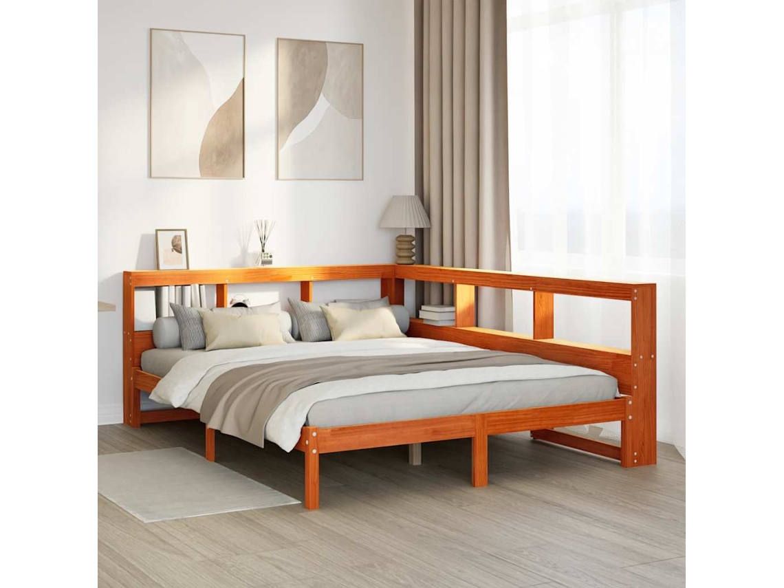 Cama De Matrimonio | Cama Para Adultos | Cama Con Estantería Sin Colchón Madera Maciza Marrón 140x200 Cm