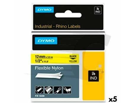 Cinta Laminada para Rotuladoras Rhino DYMO ID1-12 Amarillo Negro 12 x 3,5 mm Autoadhesivas (5 Unidades)