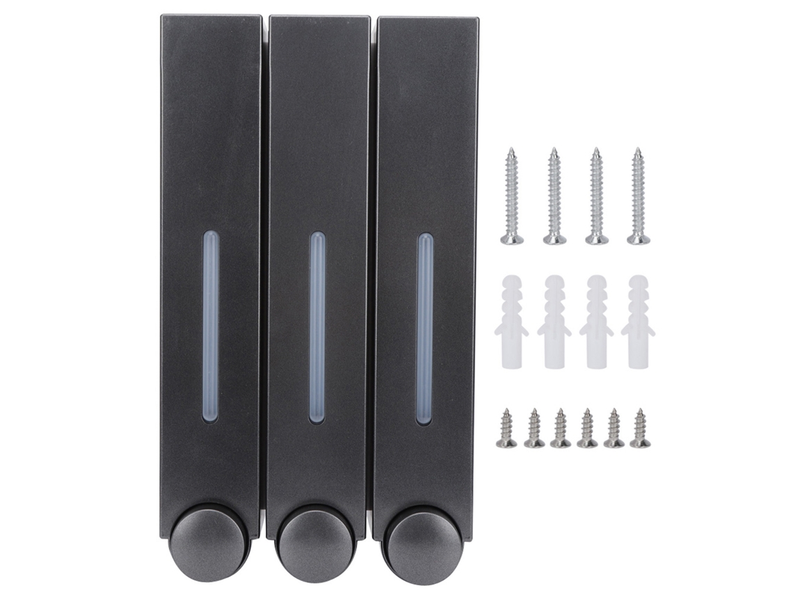 Dispensador De Jabón Líquido Mural Con Tres Cabezales Para Baños De Hotel, Modelo 6028, Color Negro, Capacidad Para 3 Vasos, 420 Ml.