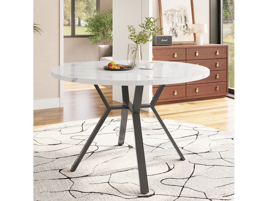 Mesa de comedor de 140x75,5 cm con estructura metálica, mármol, patas regulables, blanca o negra, HONGRUI TECH