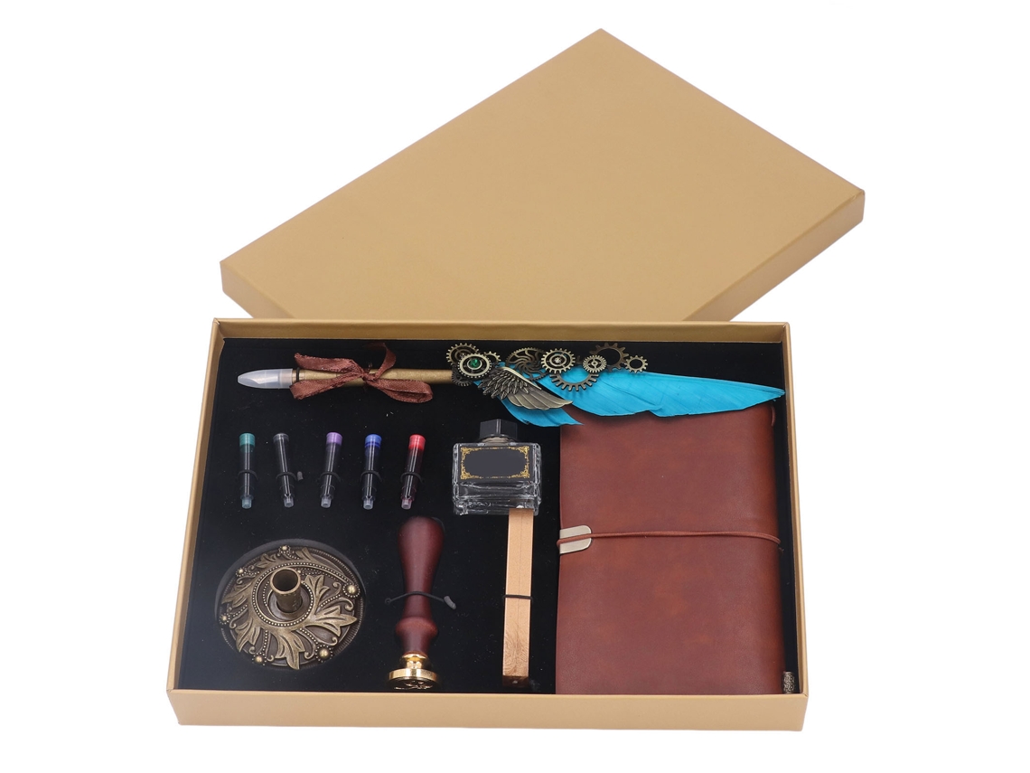 Kit De Pluma De Pavo Real Retro Con Tinta, Cera De Sello Y Estampilla Para Caligrafía Azul