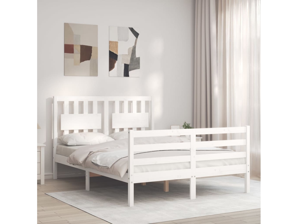Cama De Matrimonio | Cama Para Adultos | Estructura Cama De Matrimonio Con Cabecero Madera Maciza Blanco