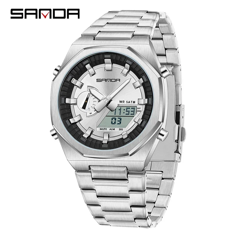 (plata, Esfera Blanca) Elegante Reloj Digital Para Hombre, Despertador, Resistente Al Agua, Cronómetro, Acero Inoxidable, Doble Pantalla.