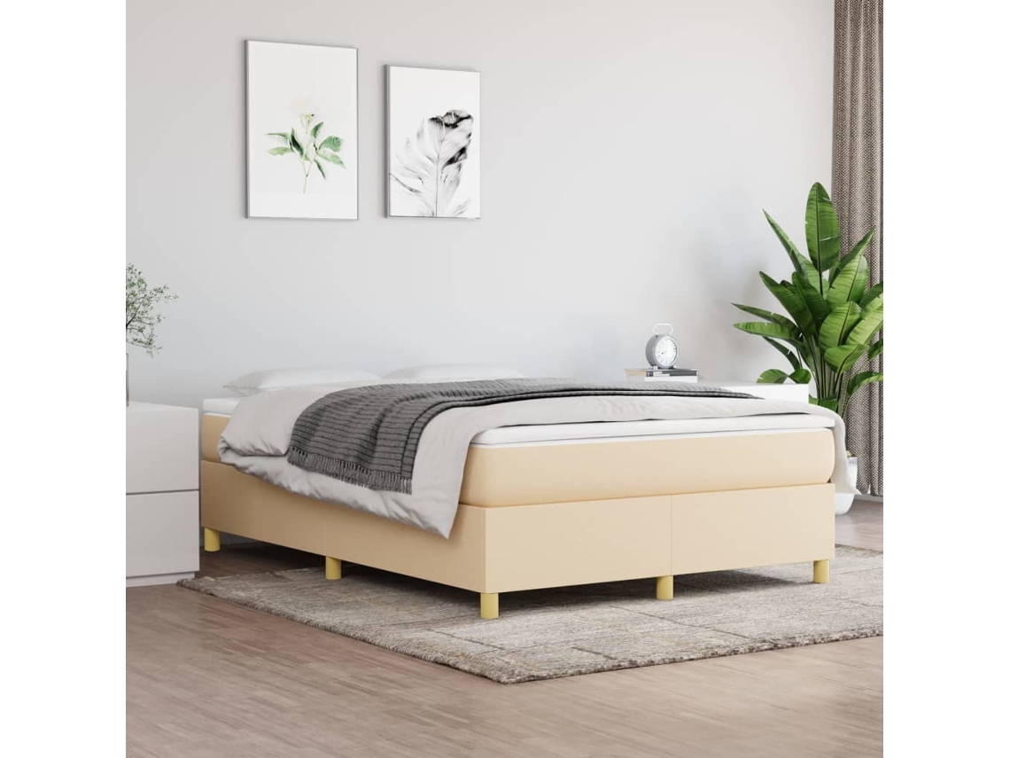Cama Box Spring Con Colchón Tela Color Crema 140x190 Cm