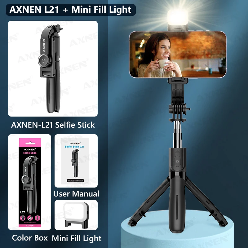 Trípode para selfies L21, brazo extensible y control Bluetooth, para smartphones, grabación de vlogs, mini luz de relleno adicional.
