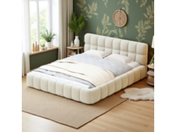 Cama Matrimonial 140x190cm, Camas De Matrimonio De Lino Gris Con Cabecero De 8 Cuadros Y Borde Ondulado, 250kg, Estilo Moderno Y Elegante