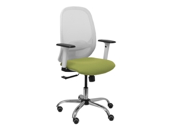 Silla de oficina Cilanco con mecanismo sincronizado, tapizada en tela verde oliva y malla blanca.