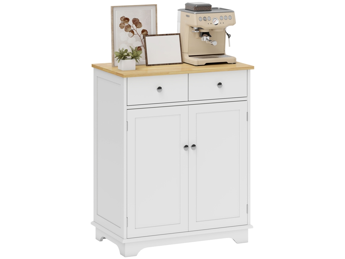 Buffet De Almacenamiento Con Armarios 2 Cajones Y Estante Ajustable Para Salón Cocina Dormitorio Blanco Y Madera Natural