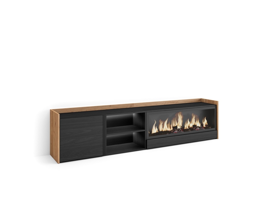 Mueble Tv, Televisión, 212x35x50cm, Para Tv Hasta 80", Chimenea Eléctrica Xxl, Led, Negro Y Roble
