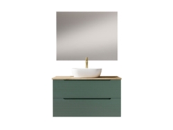 Mueble de baño con lavabo, espejo y aplique LED Boreal 100x45 cm, acabado mate Verde Lago, 2 cajones, Kibath suspendido
