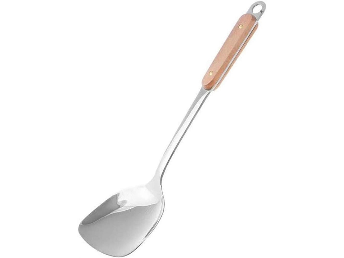 Esta Espátula Para Wok Está Fabricada En Acero Inoxidable Grueso De Alta Calidad Y Madera.