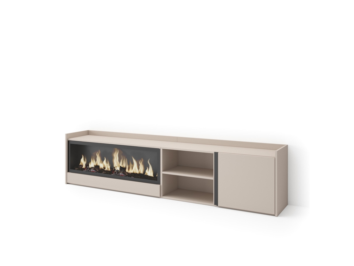 Mueble Tv, Televisión, 212x35x50cm, Para Tv Hasta 80", Chimenea Eléctrica Xxl, Beige