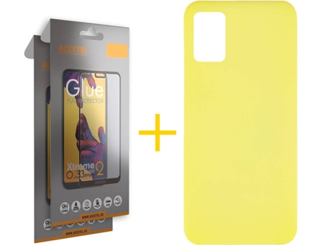 Funda y Protector de Vidrio Full 2 x Samsung Galaxy A31 ACCETEL Silicona Líquida Amarillo