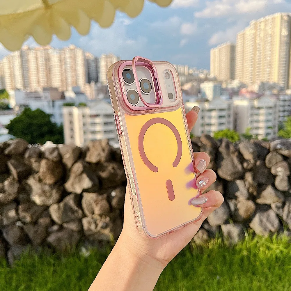 (iphone 12, Rosa) Funda Magnética Con Soporte Que Cambia De Color Para Iphone, Compatible Con Magsafe.