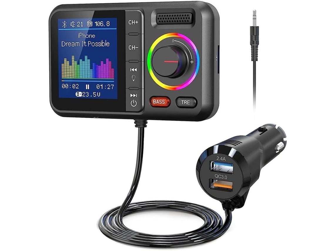Adaptador Transmisor Bluetooth 5.0 Con Pantalla Led, Reproductor De Mp3 Y Entradas Aux De 3,5 Mm.