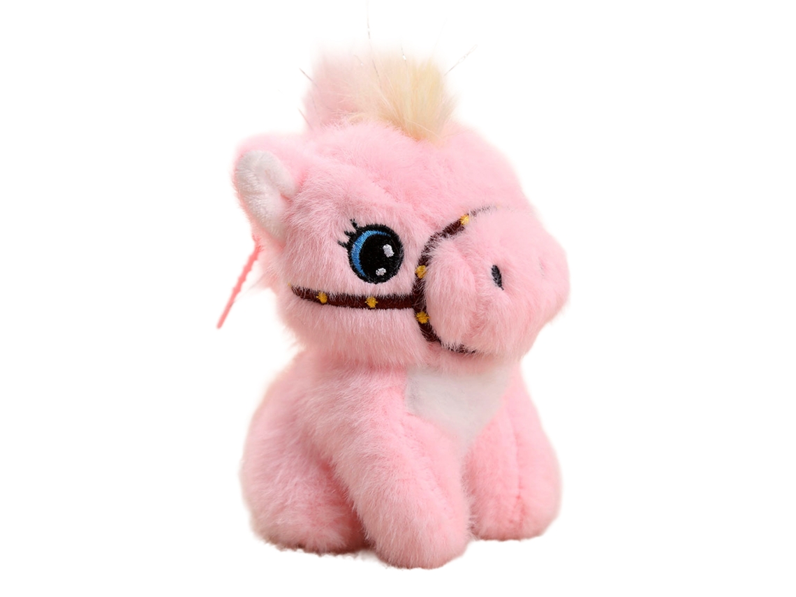 Peluche extra suave y tierno con colgante. Diseño de potro sentado rosa. 13 cm.
