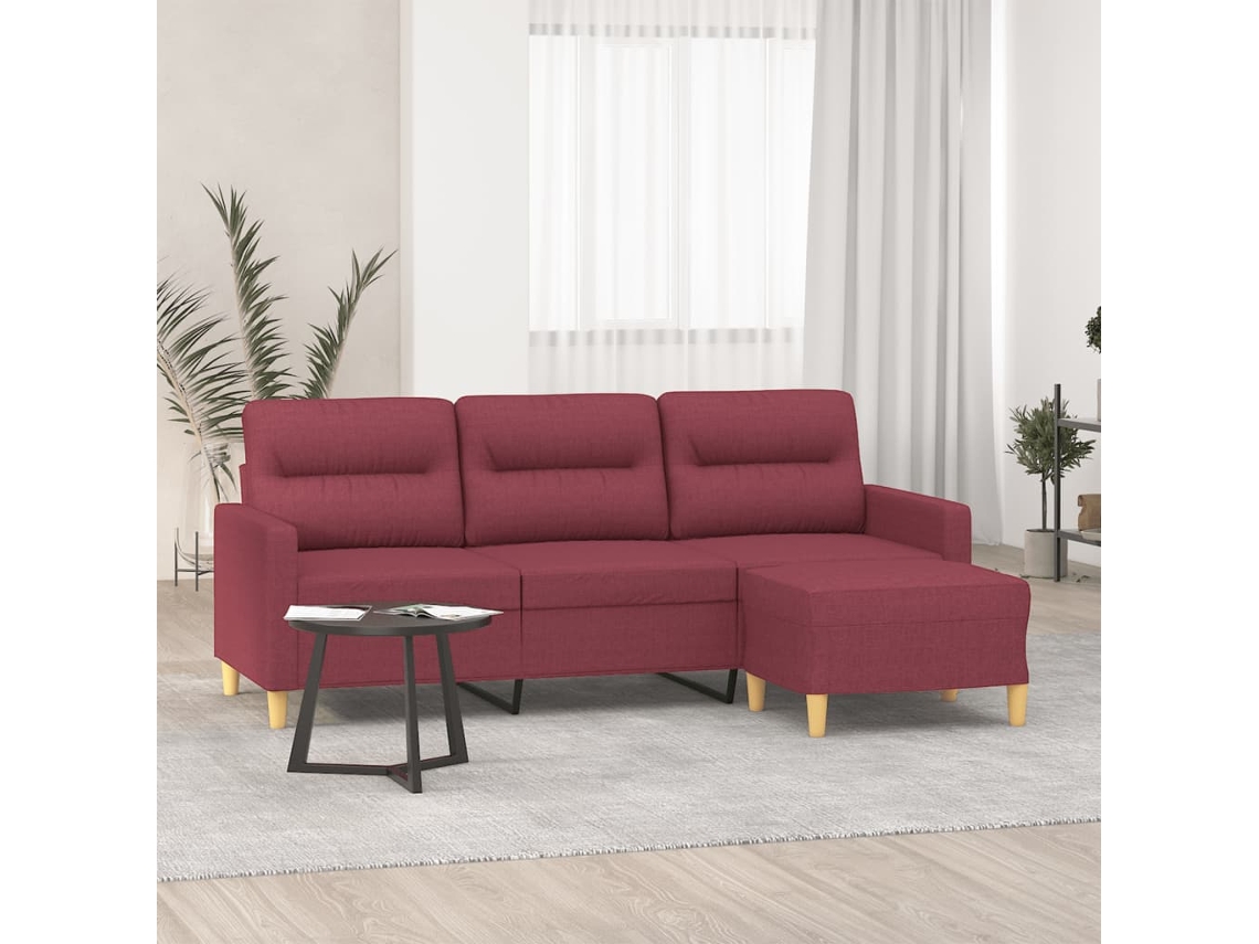 Sofá De 3 Plazas Con Taburete De Tela Rojo Tinto 180 Cm