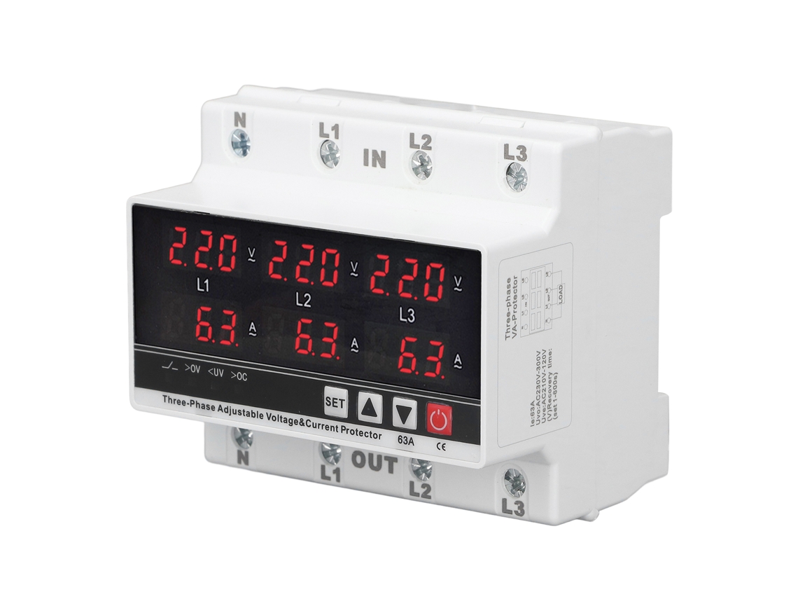 Protector De Subtensión Trifásico Ajustable De 63 A, Ac120v-300v, Con Protección Contra Sobrecorriente Y Pantalla Digital Para Montaje En Riel Din.