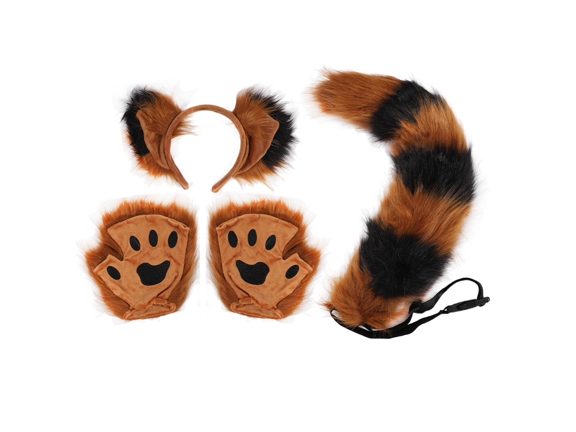 Conjunto Tiara Orelhas De Raposa, Cauda E Luvas Com Garras Para Cosplay E Festas Marrom Preto