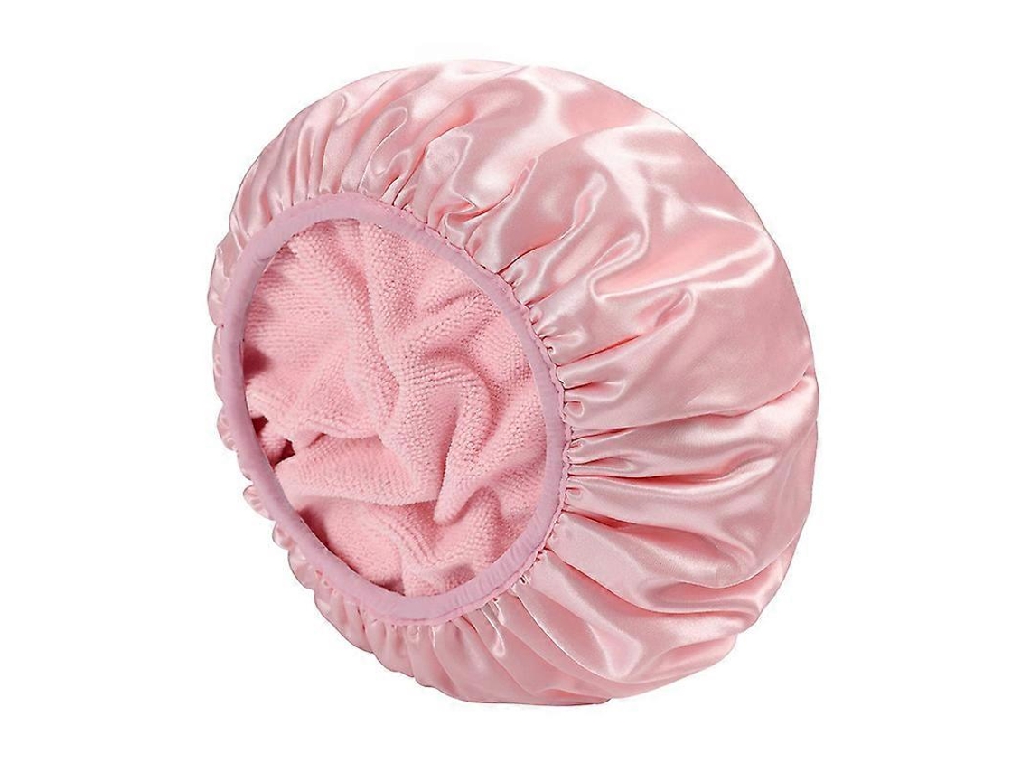 Gorro de ducha de felpa forrado, triple capa, grande, reutilizable para cabello largo y grueso, impermeable, lavable, suave, rosa, 33 cm