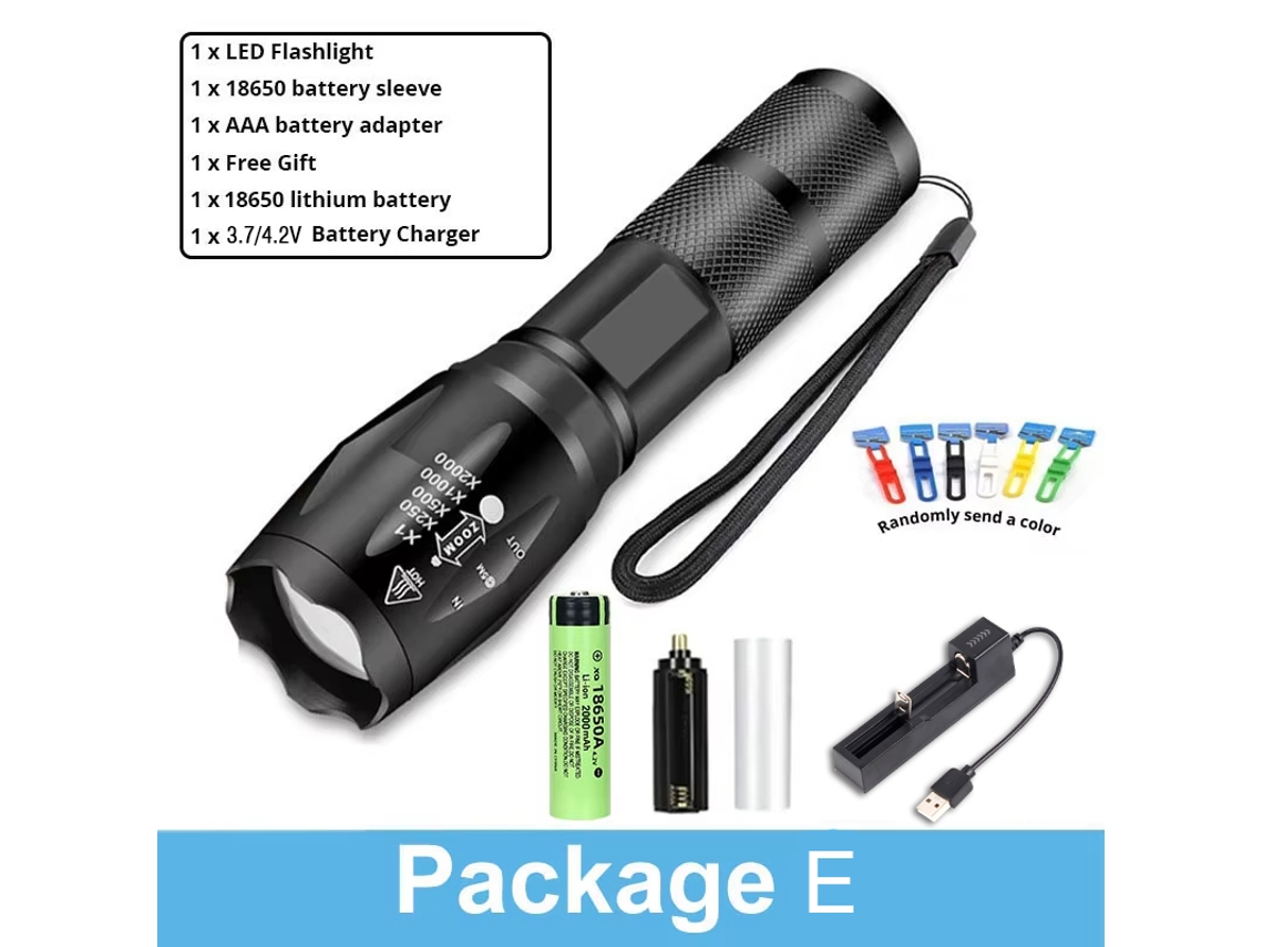 Linterna LED ultrapotente para camping con 5 modos, resistente al agua, zoom ajustable y batería 18650. Aeuzwr