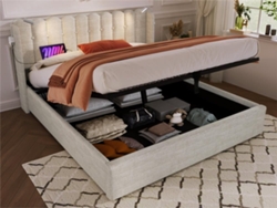 Cama Contenedor Tapizada Con Led Y Puertos De Carga Usb - 160x200cm - Tela De Lino - Con Somier - Beige