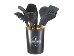 Juego de utensilios de cocina de silicona con mangos de madera, revestimiento antiadherente y recipiente gris oscuro | Sin marca