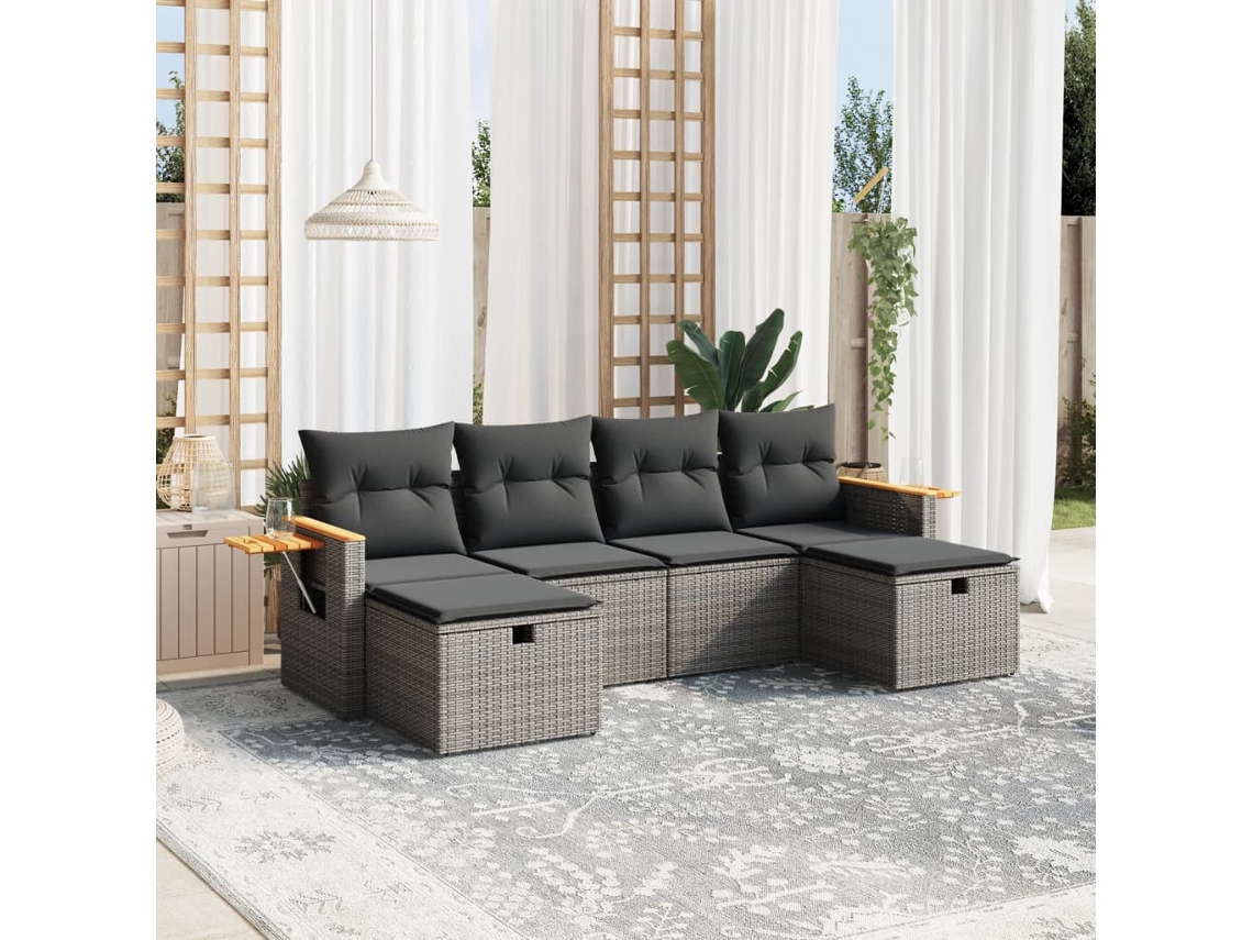 Conjunto de sofá de jardín de 6 piezas con cojines de mimbre gris, Dkd Home Decor