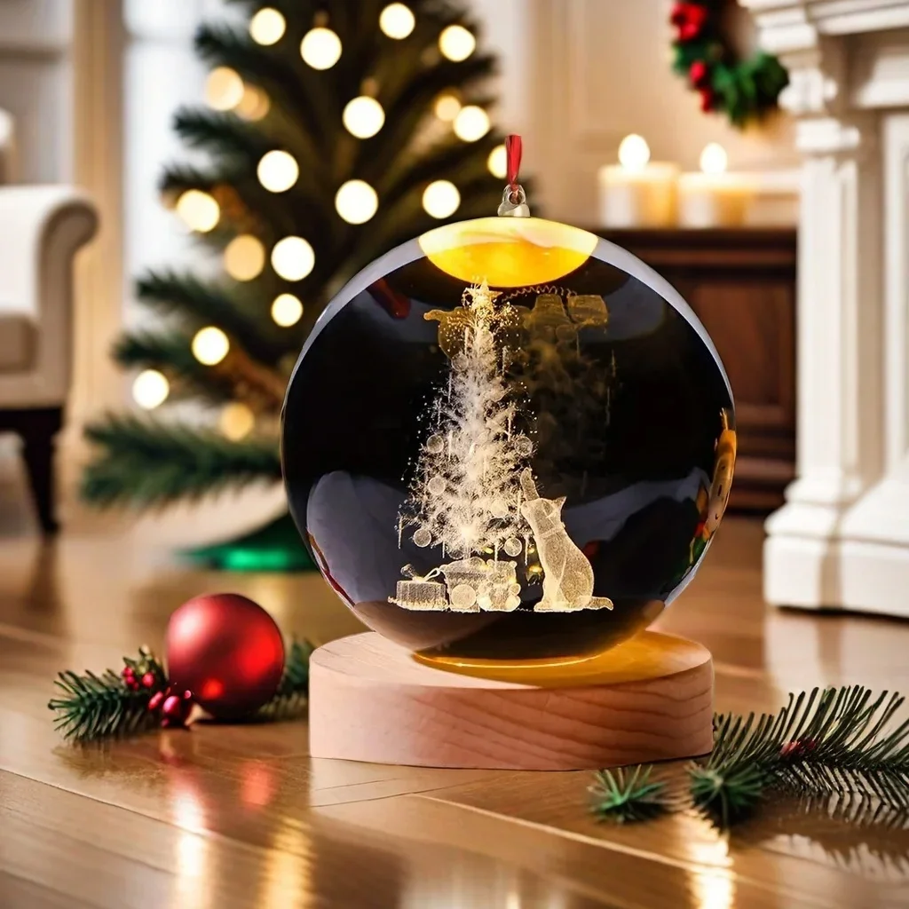 Gatito Navideño (6 Cm) Con Bola De Cristal Incrustada, Decoración Para El Hogar.