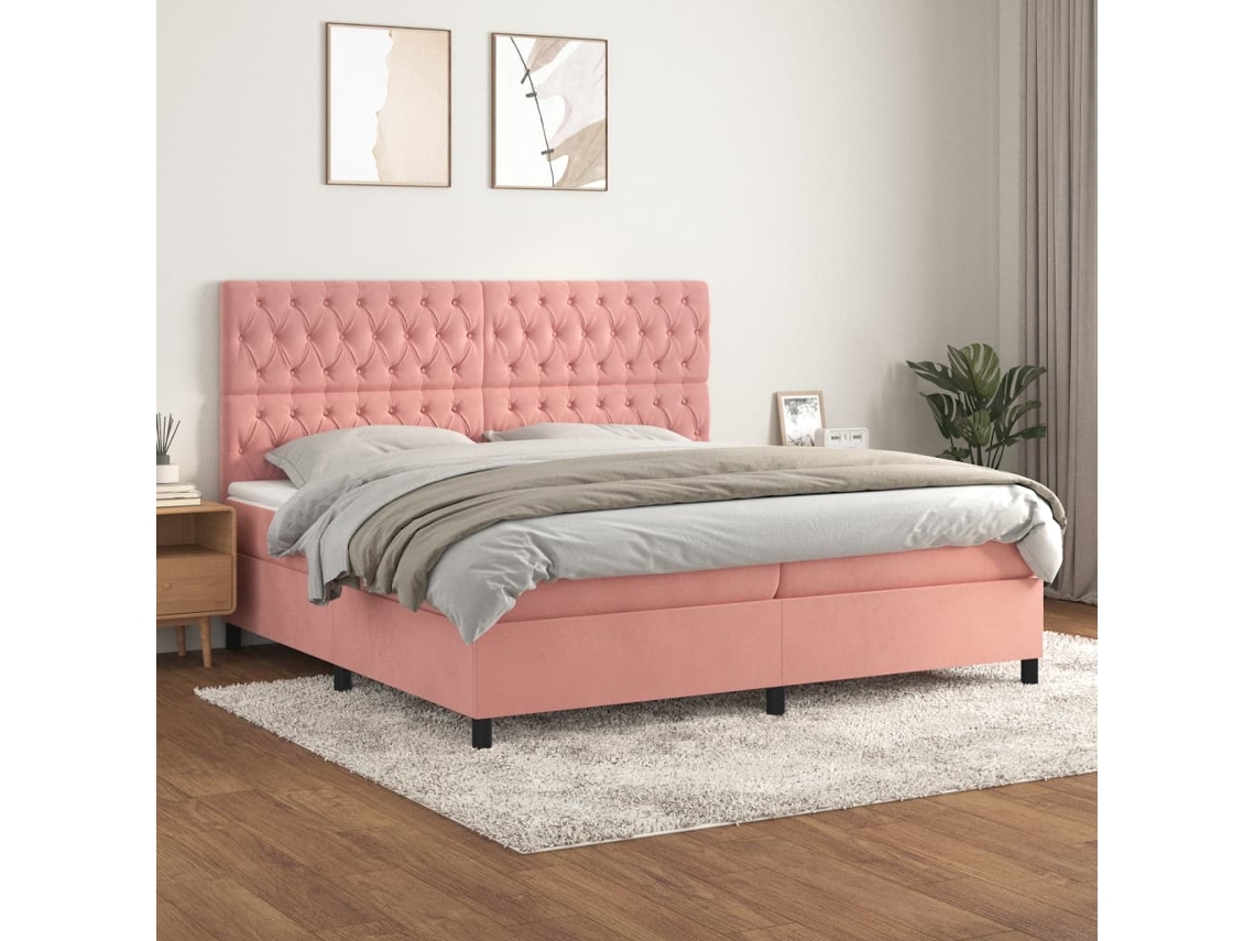 Cama Box Spring Con Colchón Terciopelo Rosa 200x200 Cm